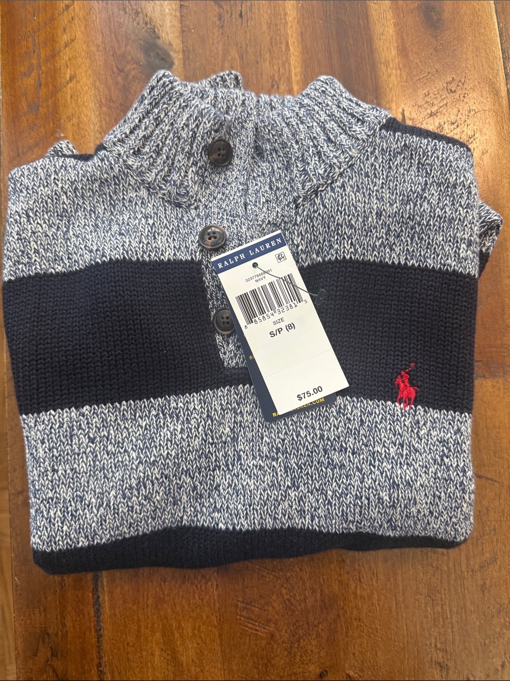 Polo by Ralph Lauren Boys Navy and Gray Striped Knit Sweater NWT Size 8 Small - Picture 4 of 6